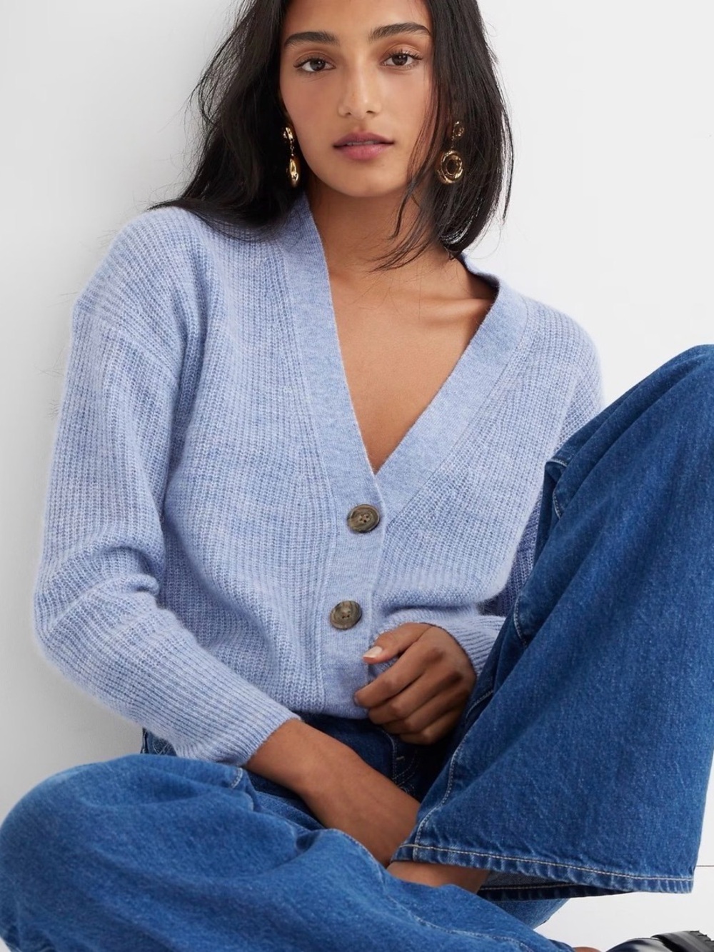 J. Crew Ribbed V-Neck Cardigan Sweater Blue Periwinkle Button Cotton Cashmere 2X